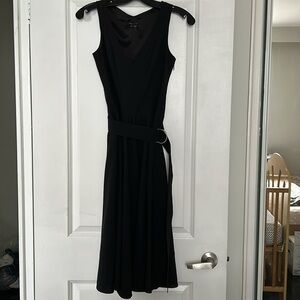 Theory Sleeveless V neck Flared Black Midi Dress with Buckle belt Size 2